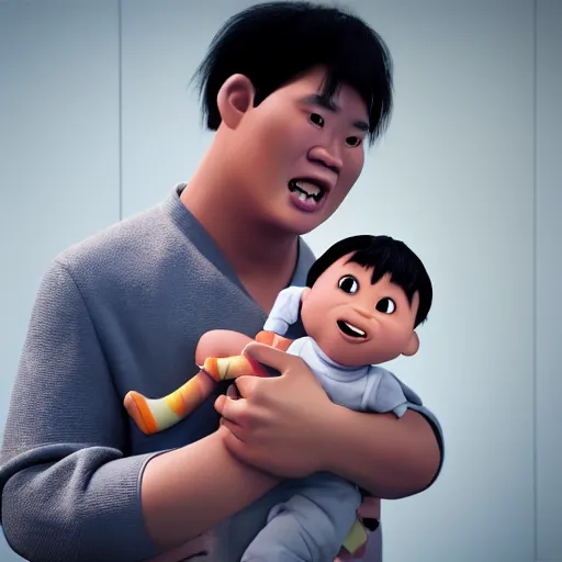 Image similar to shocked asian man cannot believe his eyes that he is holding a baby shaquille o ’ neal at hospital, award winning art, pixar, 3 d render, confusion, unreal engine