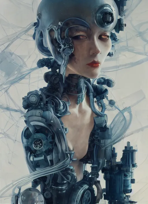 Prompt: surreal gouache painting, by yoshitaka amano, by ruan jia, by conrad roset, by good smile company, detailed anime 3d render of a female mechanical android, portrait, cgsociety, artstation, rococo mechanical costume and grand headpiece, dieselpunk atmosphere