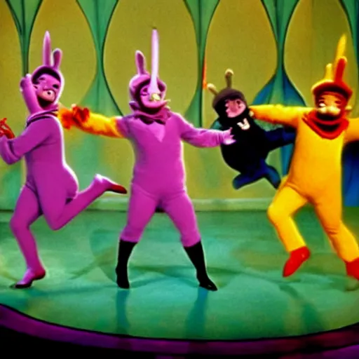 Image similar to A musical comedy in technicolor with Gene Kelly featuring the Teletubbies