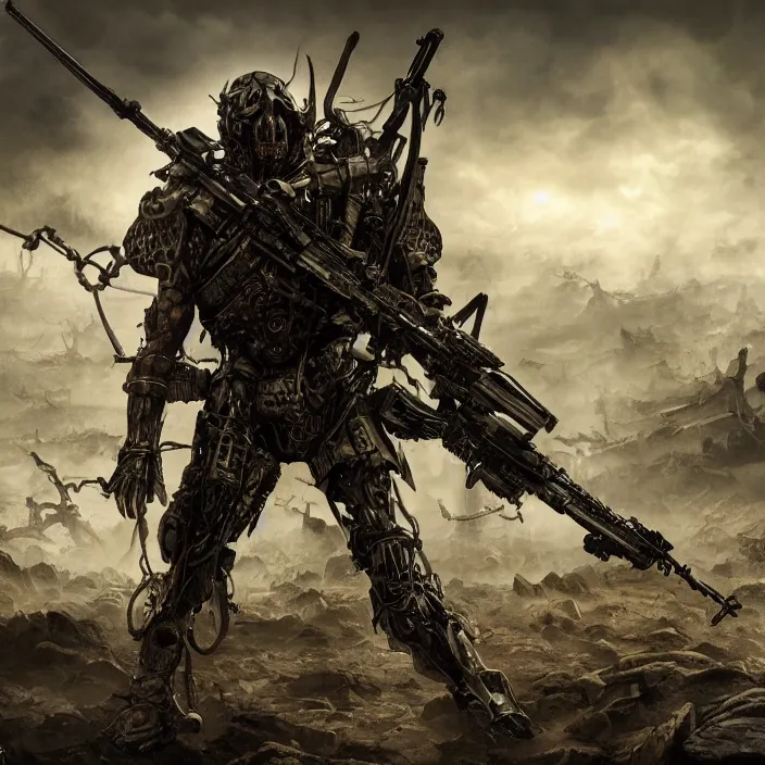 Image similar to apocalyptic man attached to machine weaponry, hyper - detailed, smooth, sharp focus, 4 k ultra hd, fantasy dark art, apocalyptic art