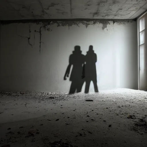 Image similar to two shadows talking to each other in a dark abandoned room, eerie, creepy,