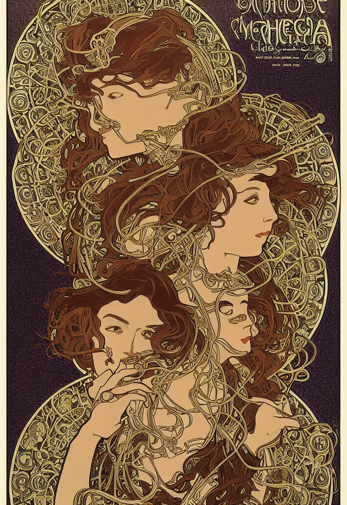 Prompt: intricate poster art by alphonse mucha and emek, a large robot head in the middle with hundreds of wires plugged into it's face, digital art, poster frame, concert poster