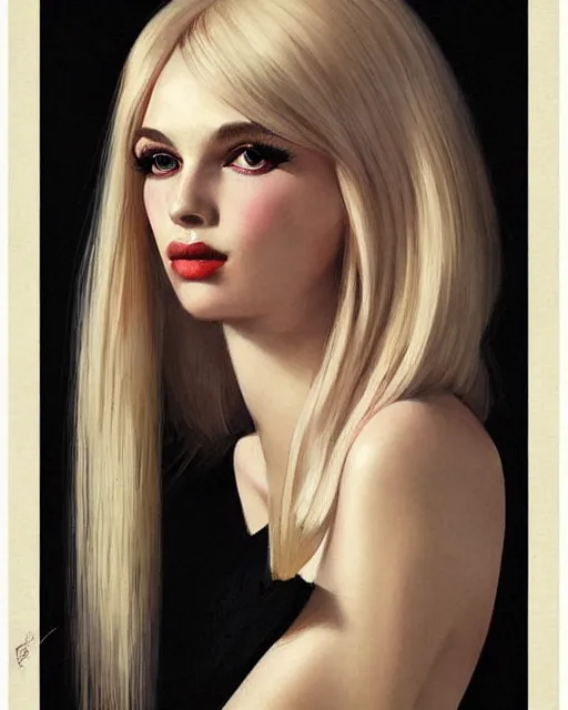 Image similar to portrait 1 9 6 0 s elegant blonde beautiful mod girl, long straight 6 0 s hair with bangs, groovy, by brom, tom bagshaw, sargent