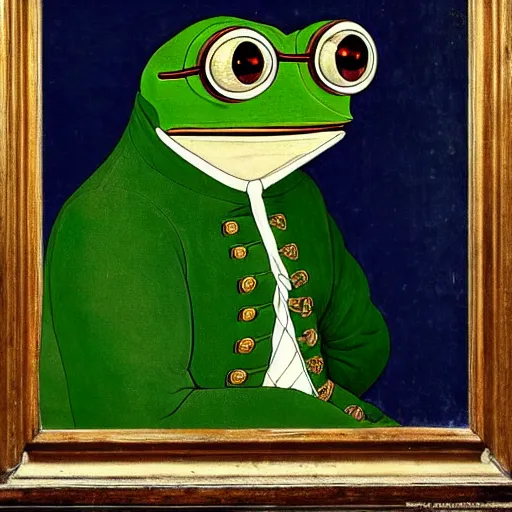 Image similar to pepe the frog as 1 8 th century prussian soldier, elegant portrait by sandro botticelli, detailed, symmetrical, intricate