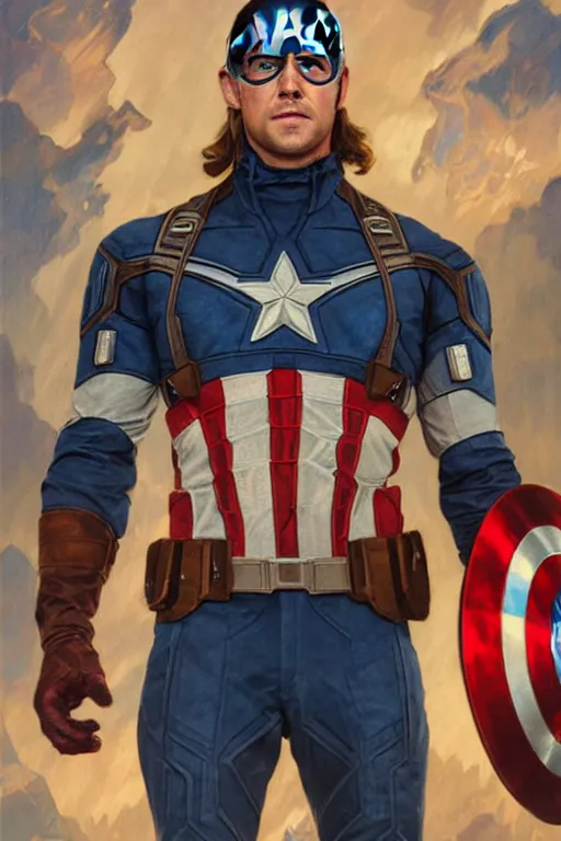 Image similar to chris hemsworth as captain america, highly detailed character in digital fantasy, painted portrait, artstation, concept art, hard focus, illustrations, works by artgerm and greg rutkowski, alphonse mucha and craig mullins, james gene, andrey ryabovichev, mark simonetti and peter morbacher, 1 6 thousand