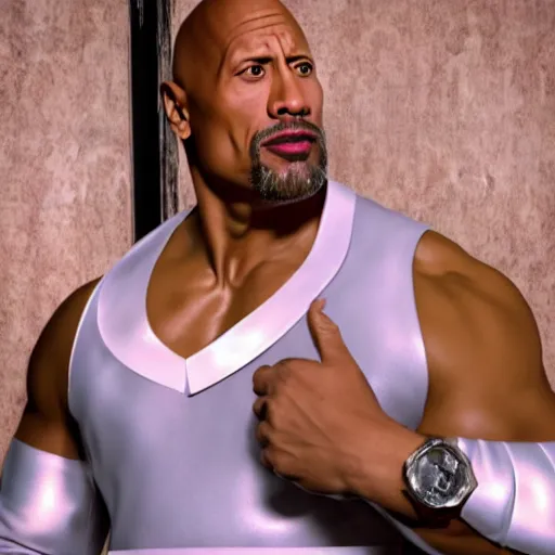 Image similar to Dwayne Johnson wearing a maid dress and cat ear headband, photorealism, photorealistic imagery, fullbody model shoot,