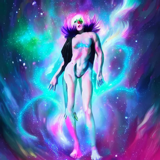 Image similar to lady gaga, korean mythology, galaxies and nebula flowing out of his body, artgerm, psychedelic floral planets, studio ghibli painterly style, trending on artstation