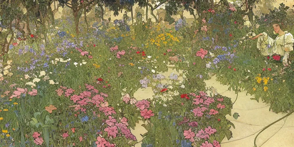 Prompt: an illustration of a beautiful garden, isometric view, painted by denis sarazhin and james jean and alphonse mucha