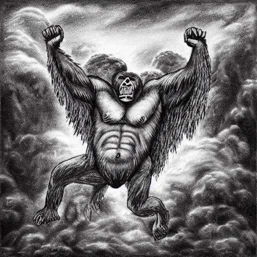 Image similar to gorilla falling from heaven, in the style of deathspell omega's fas album cover