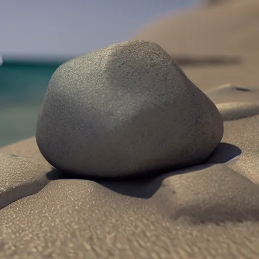 Image similar to a beautiful rock on the beach, octane render, nvidia raytracing demo, detailed, 8 k, masterpiece