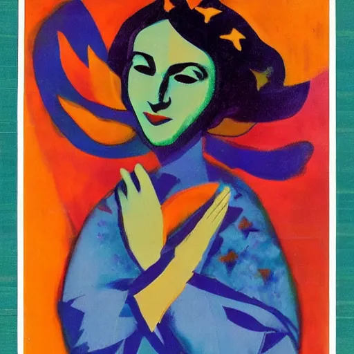 Image similar to navajo green distorted by arturo souto, by kees scherer. a conceptual art of a woman with wings made of stars, surrounded by a blue & white night sky. the woman is holding a staff in one hand, & a star in the other. she is wearing a billowing dress, & her hair is blowing in the wind.