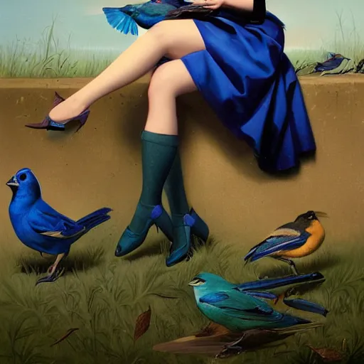 Image similar to portrait of a pinup girl holding an indigo bunting, bird, the bird is wearing a bowtie, by greg rutkowski, rossdraws, gil elvgren, enoch bolles, anime, porcelain skin, very coherent