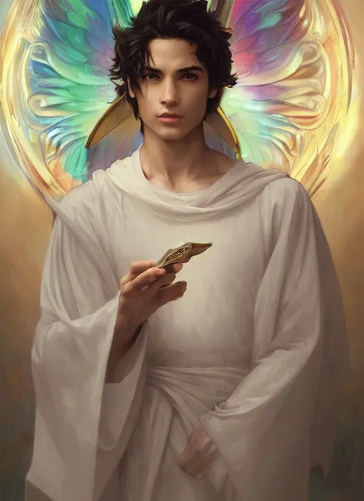Image similar to character concept portrait of a handsome young angelic hispanic wizard with olive skin casting a love spell, a floating iridescent spell book in the center, intricate, elegant, digital painting, concept art, smooth, sharp focus, illustration, from Metal Gear, by Ruan Jia and Mandy Jurgens and William-Adolphe Bouguereau, Artgerm