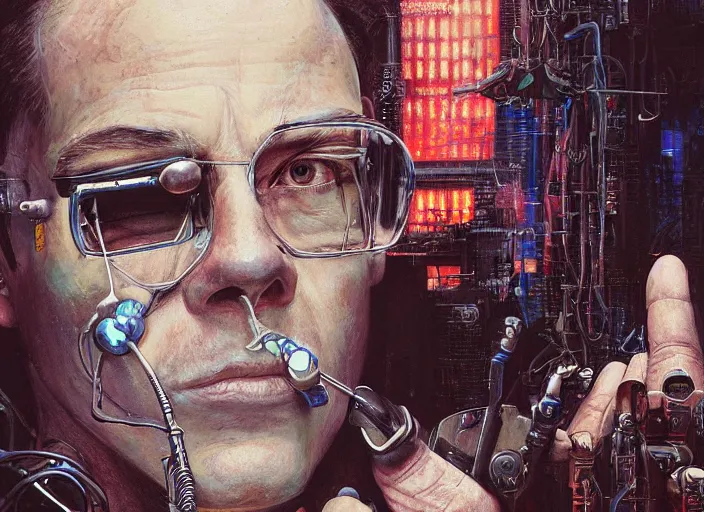 Prompt: a highly detailed cyberpunk portrait of a dentist, james gurney, james jean