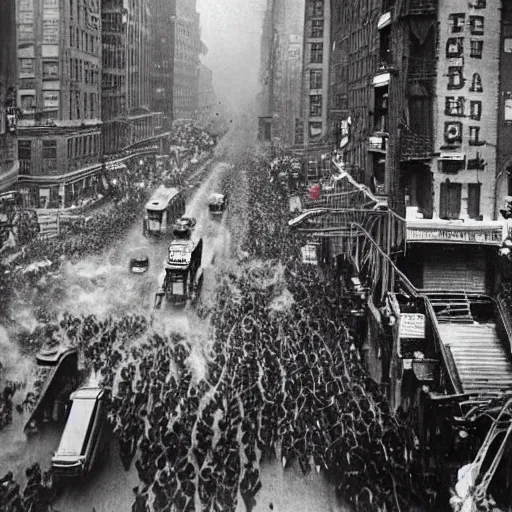 Image similar to old black and white photo, 1 9 1 3, depicting a biomechanical alien war machine rampaging through the bustling streets of new york city, historical record