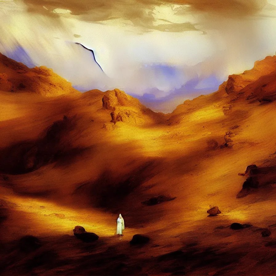 Prompt: artwork about being alone in the desert of life, painted by thomas moran and albert bierstadt. monochrome palette.