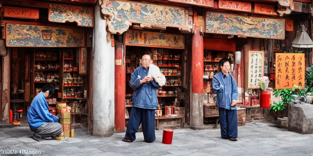 Prompt: ancient chinese traditional medicine shop with an old chinese man holding a jar, photography
