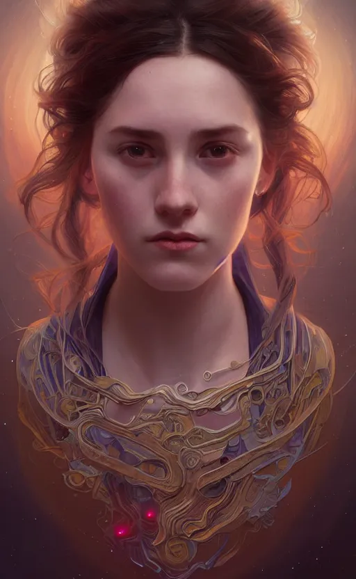 Image similar to portrait of a girl with the universe inside her head, filaments, surreal, intricate, headshot, highly detailed, digital painting, artstation, concept art, sharp focus, cinematic lighting, illustration, art by artgerm and greg rutkowski, alphonse mucha, cgsociety, science fiction