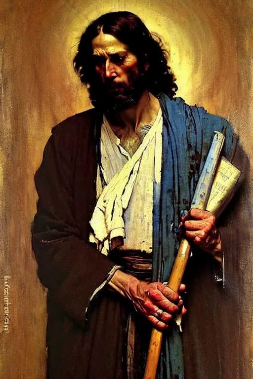 Prompt: norman rockwell and solomon joseph solomon and richard schmid and jeremy lipking victorian loose genre loose painting full length portrait painting of jesus