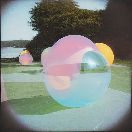 Prompt: a pastel colour high fidelity wide angle Polaroid art photo from a holiday album at a seaside with abstract inflatable parachute furniture, spheres and a sculpture, all objects made of transparent iridescent Perspex and metallic silver, a grid of sun beds iridescence, nostalgic