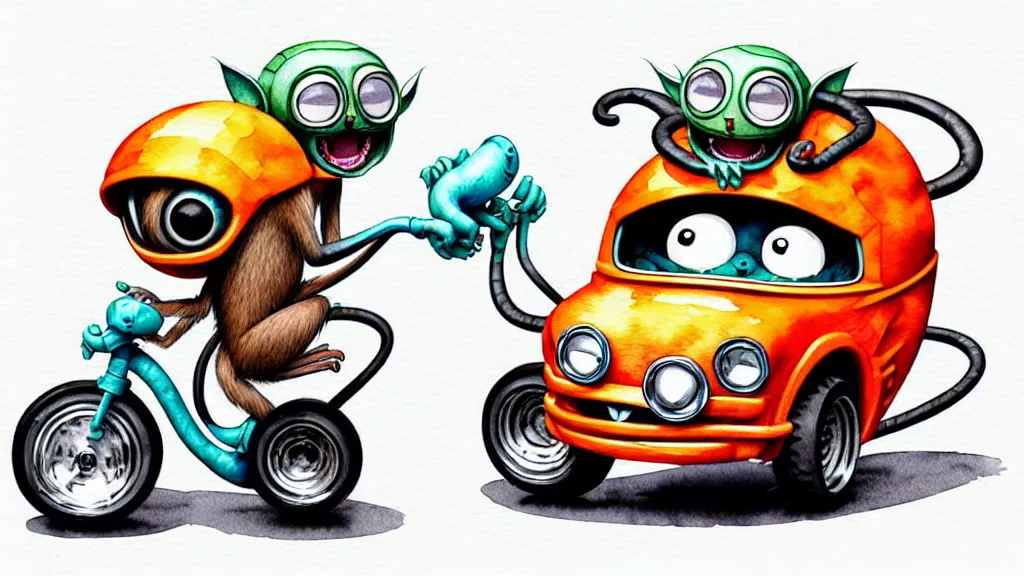 Image similar to cute and funny, tarsier wearing a helmet riding in a hot rod with oversized engine, ratfink style by ed roth, centered award winning watercolor pen illustration, isometric illustration by chihiro iwasaki, edited by range murata, tiny details by artgerm and watercolor girl, symmetrically isometrically centered