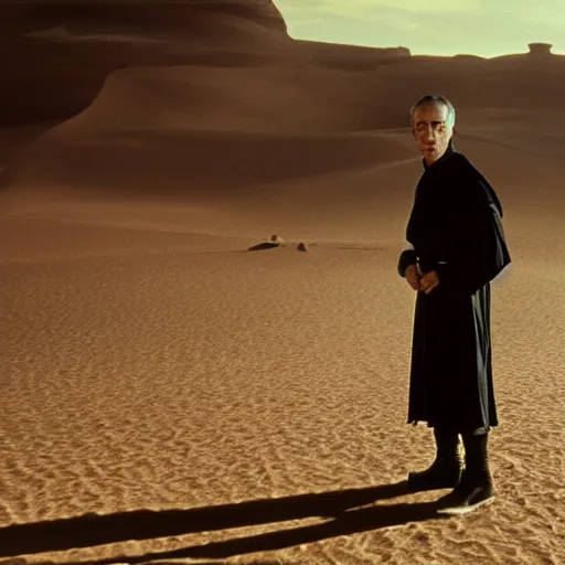 Prompt: film still of young alec guiness as a jedi in new star wars movie, dramatic lighting, highley detailled face, kodak film, wide angle shot, desert landscape