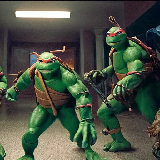 Prompt: movie still of Teenage Mutant Ninja Turtles in The Shining