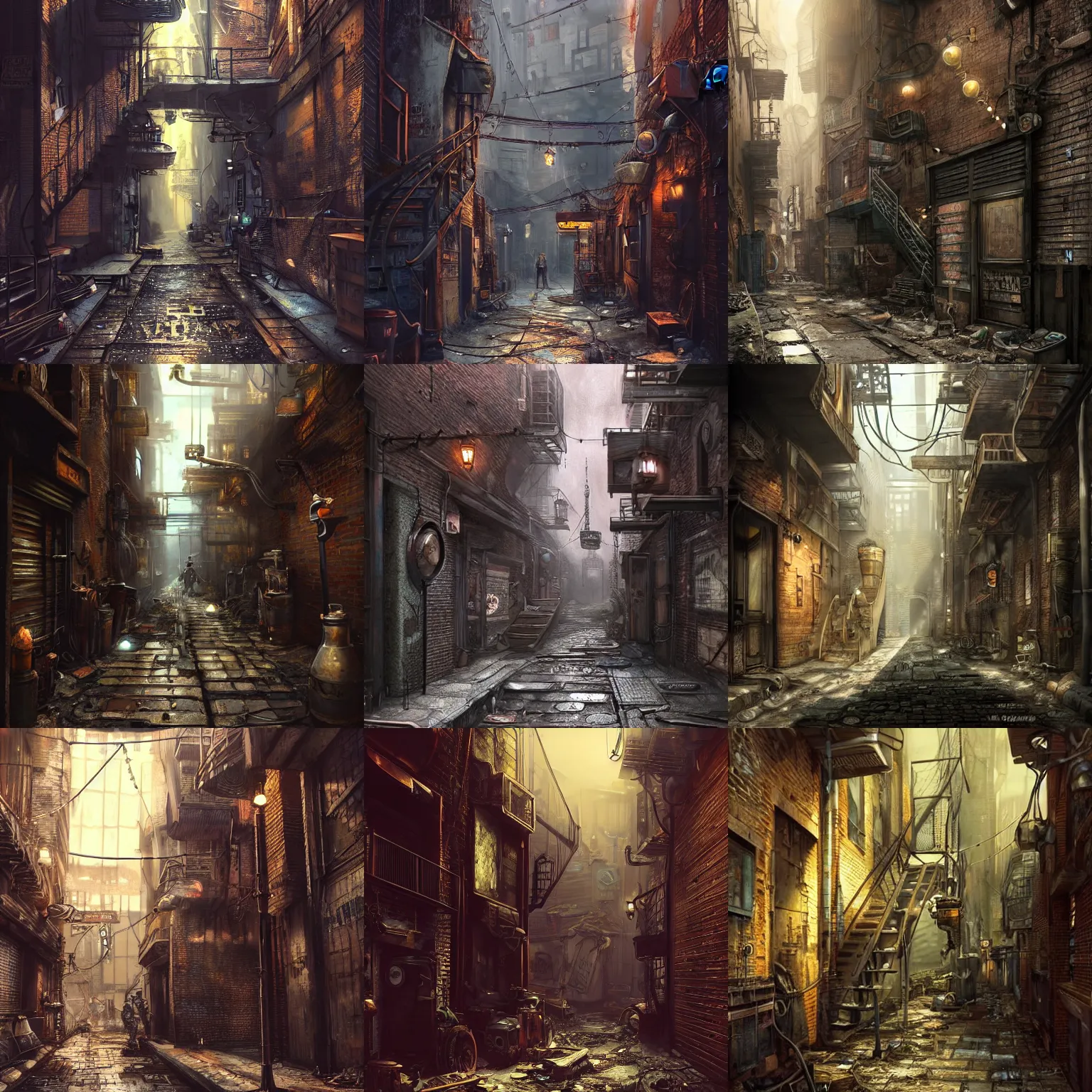 Prompt: a dingy, grungy steampunk alleyway from an alternate future. dimmed bright scene. fine detail. this 4 k hd image is trending on artstation, featured on behance, well - rendered, extra crisp, features intricate detail, epic composition and the style of unreal engine.