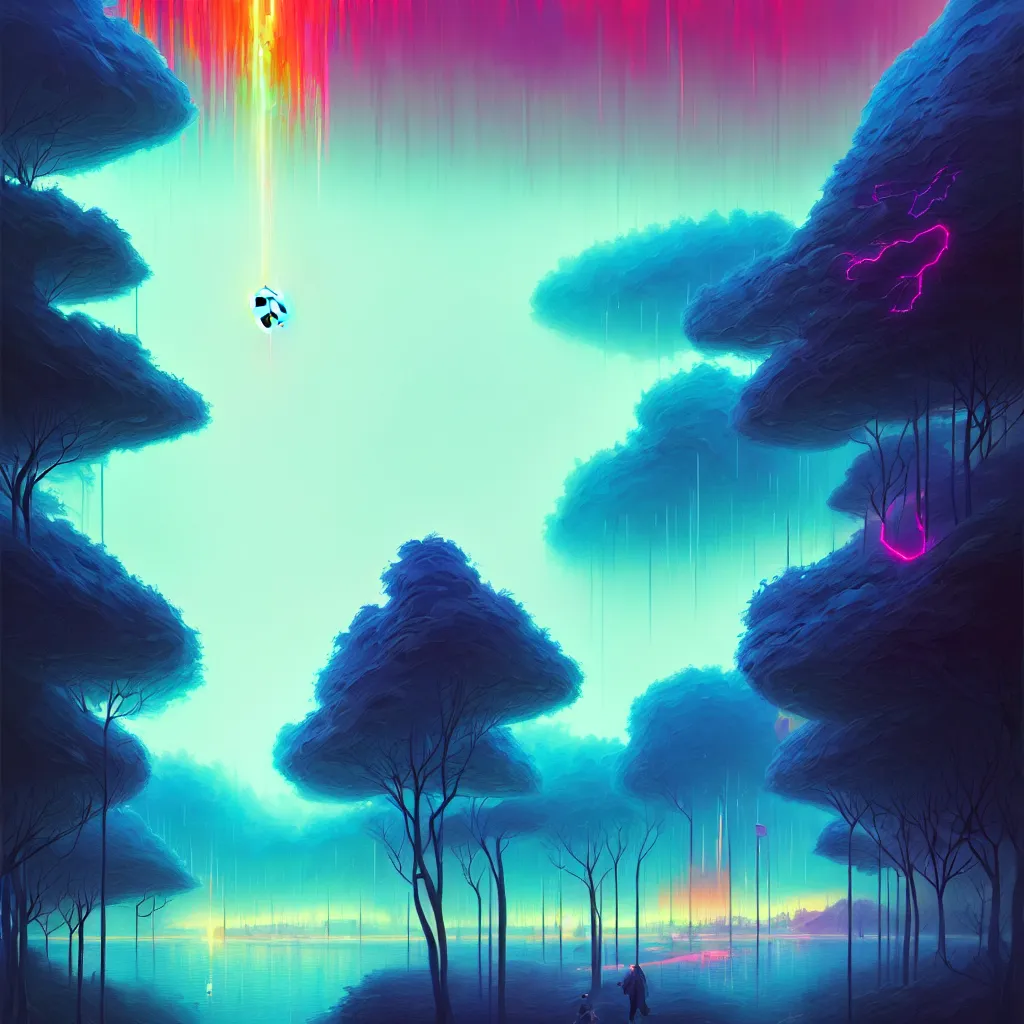 Prompt: a data-center, connector, firewall, security, river, trees, thunderstorm, trending on Artstation, painting by Jules Julien, Leslie David and Lisa Frank and Peter Mohrbacher and Alena Aenami and Dave LaChapelle muted colors with minimalism