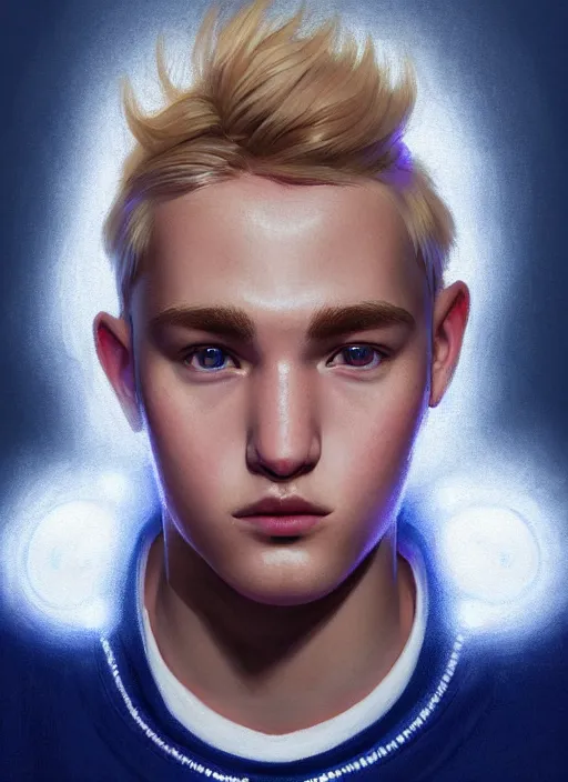 Image similar to portrait of high school senior boy named big moose, blonde short hair, jock, beefy, wide face, square jaw, square facial structure, blue varsity jacket with letter r, intricate, elegant, glowing lights, highly detailed, digital painting, artstation, concept art, sharp focus, illustration, art by wlop, mars ravelo and greg rutkowski