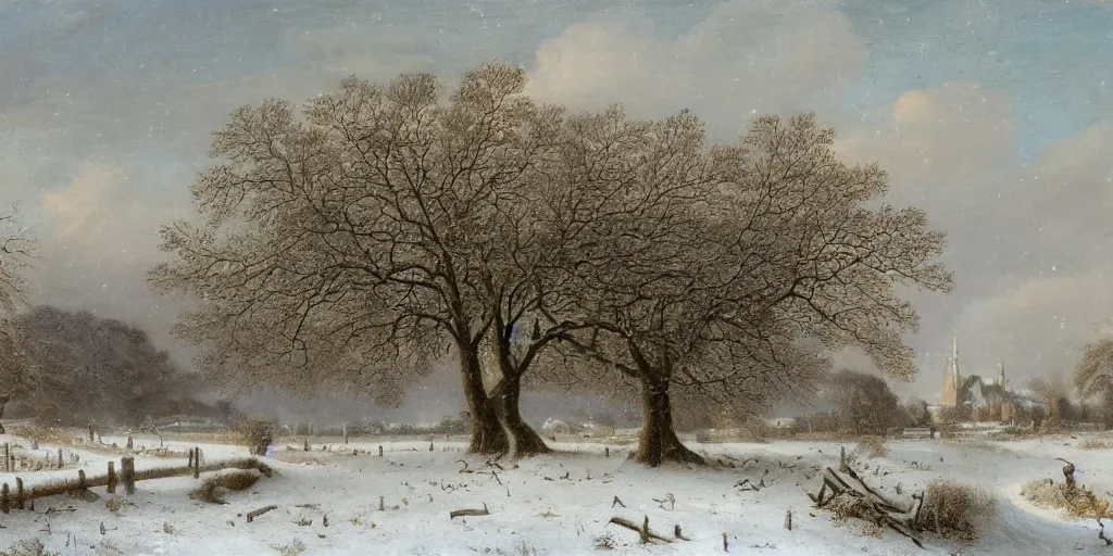 Prompt: a beautiful landscape painting of a giant tree next to a church in the fields, heavy snow fall, by jan van goyen, oil on canvas, highly detailed, hd, 4 k