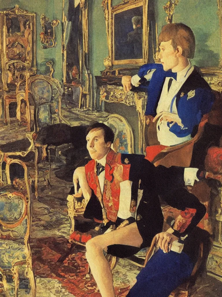 Image similar to olympic russian athlete young man posing in his living room, his grandparents are sitting on the coach behind him, by Konstantin Somov, 1987.