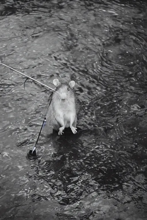 Image similar to 35mm photo of a rat holding a fishing pole at a riverbank, rat, fishing pole, water, well lit