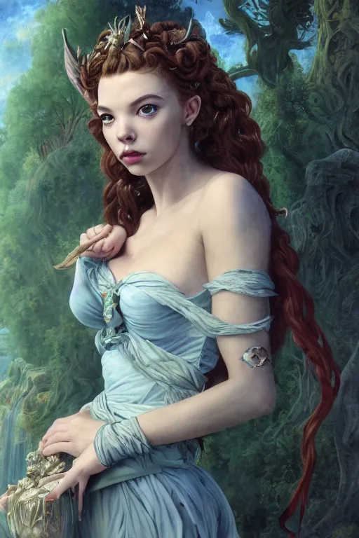 Image similar to A fantasy comic book style portrait painting of Anya Taylor-Joy, hybrid, Sophia Loren, as an Atlantean Reptilian Warrior, François Boucher, Oil Painting, Mystical Valkyrie, unreal 5, DAZ, hyperrealistic, octane render, Regal, Refined, Detailed Digital Art, RPG portrait, William-Adolphe Bouguereau, Michael Cheval, Walt Disney (1937), Steampunk, dynamic lighting, Highly Detailed, Cinematic Lighting, Unreal Engine, 8k, HD