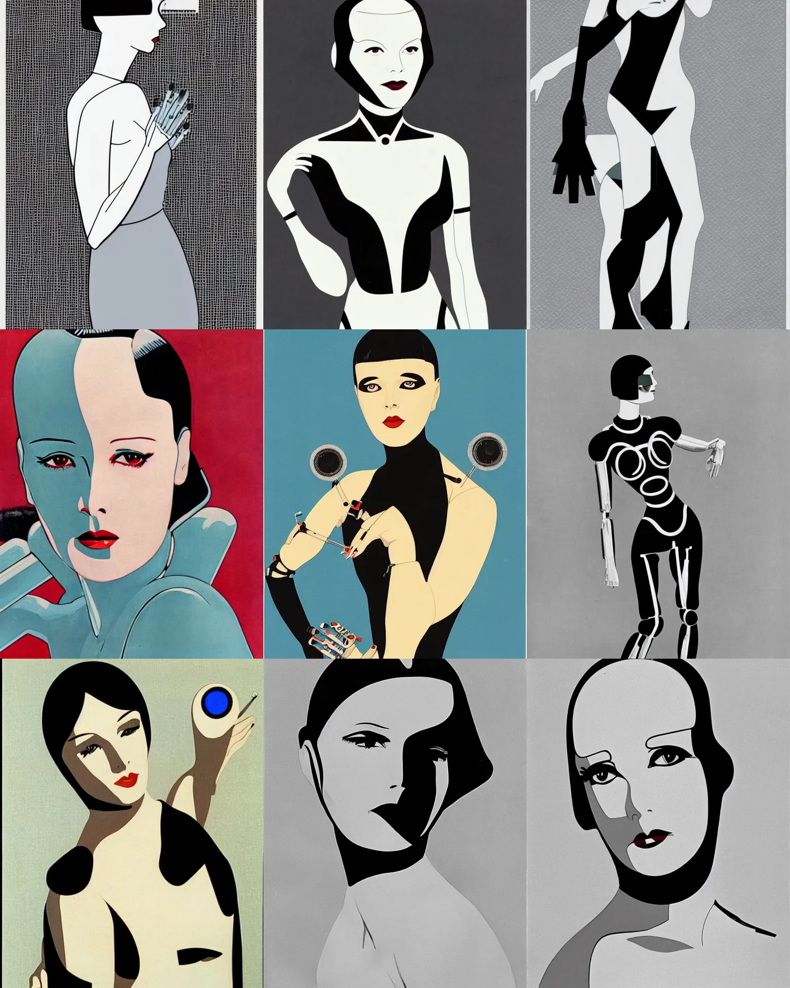 Prompt: mary louise brooks turning into a robot, half robot, chrome outfit, airbrush, robot arms, by patrick nagel, art deco style