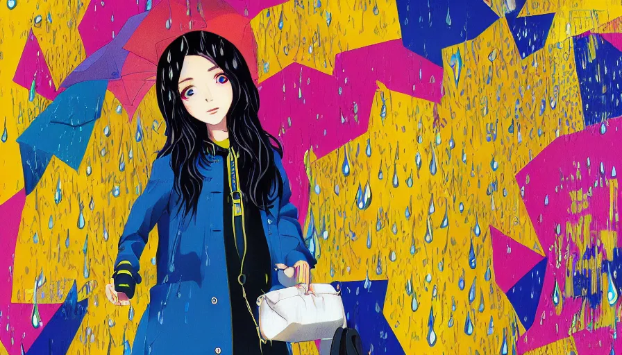 Image similar to girl in a yellow coat standing in the rain holding a small pocket watch, thick outlines, bright colors, geometric shapes, digital art, hard edges, detailed, anime style, art by sora kim, rinotuna, ilya kuvshinov