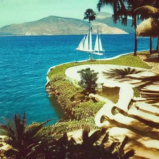 Image similar to “A photo of a beach and a french garden in 1993, tarot-like landscape it's lit by the camera flash. Surreal Greek architecture, mason, occult tarot symbols. Far away sail boat at the ocean”