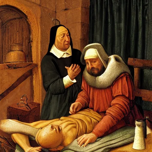 Image similar to detailed portrait of a medieval doctor performing treatment on a peasant, 4 k high detail, scientific