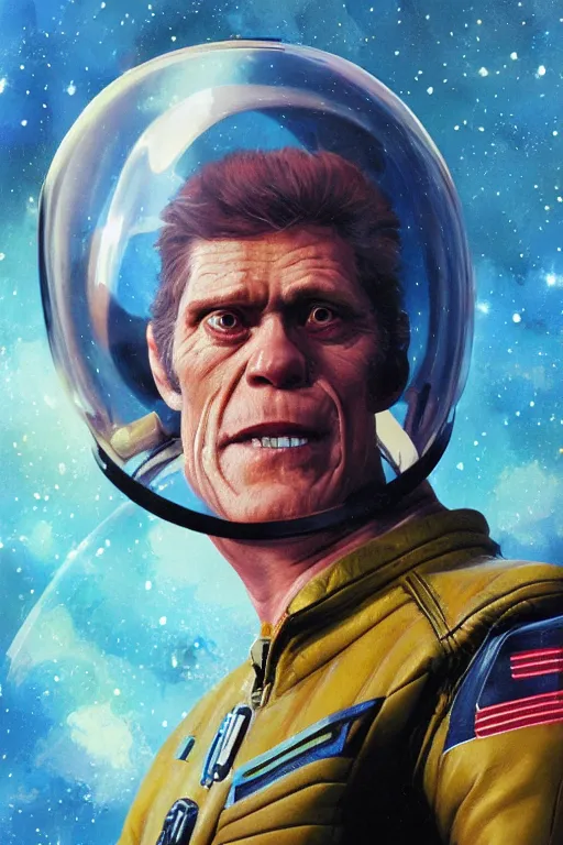 Prompt: portrait of a fat willem dafoe wearing leather spacesuit, nebula space background and spaceship, illustration by normal rockwell, jacob collins, artstation character art, john berkey, greg rutkowski