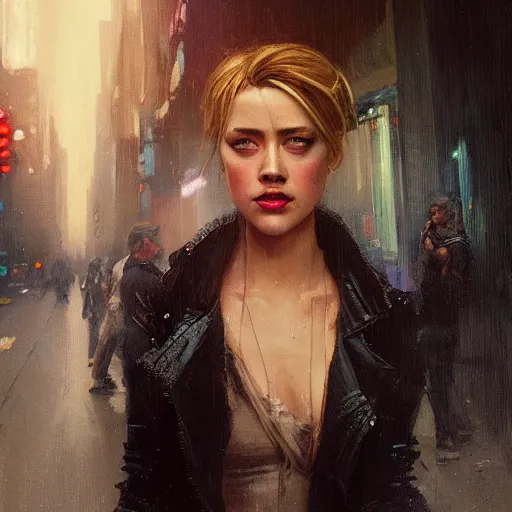 Image similar to hyperrealistic portrait of a woman as amber heard on a bladerunner street the art of elysium by jeremy mann and alphonse mucha, fantasy art, photo realistic, dynamic lighting, artstation, poster, volumetric lighting, very detailed faces, 4 k, award winning