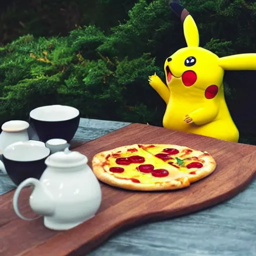 Prompt: Pikachu having tea with pizza.