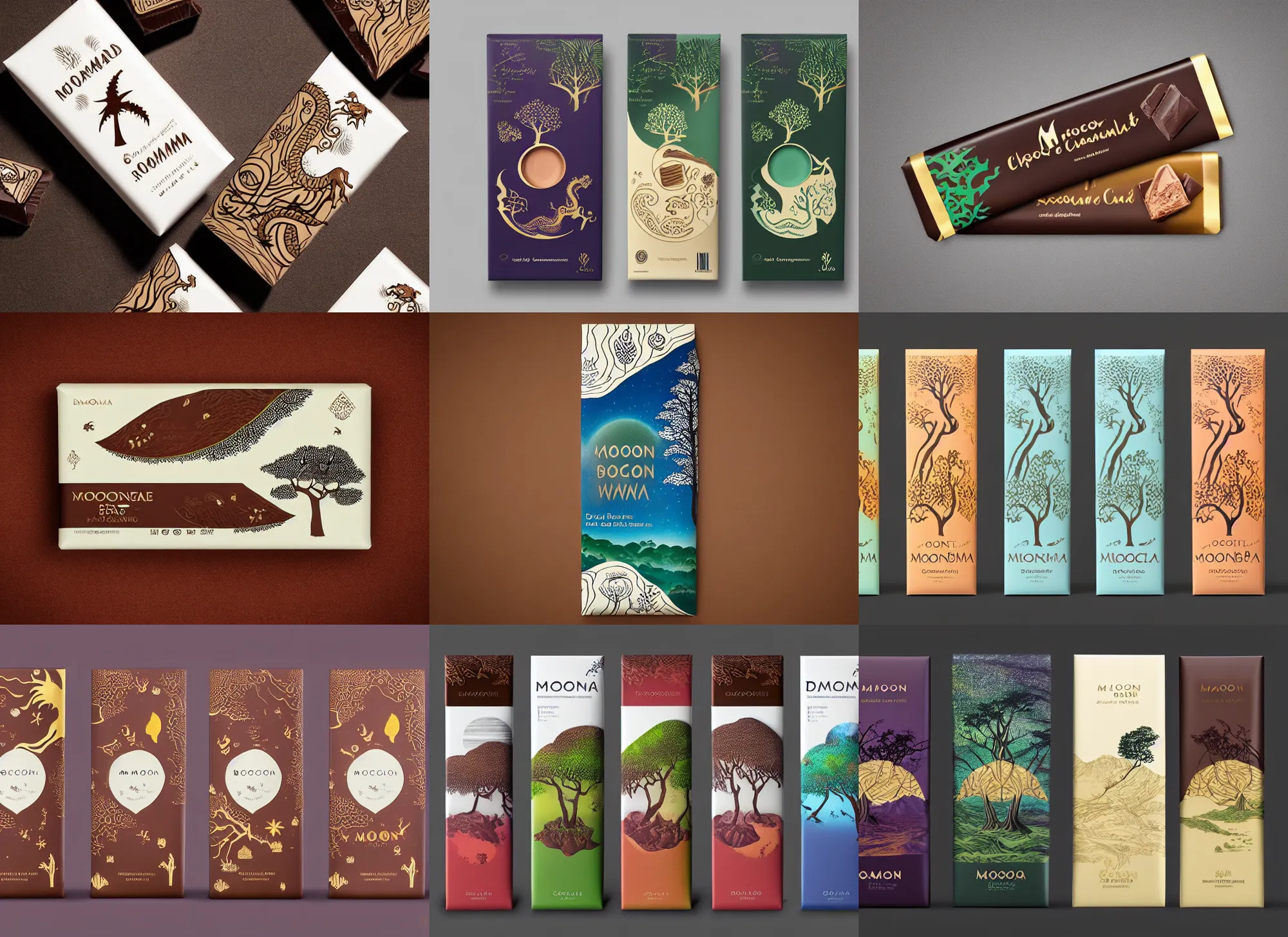 Prompt: conceptual designer chocolate bar packaging, inspired by moonlit socotra island with dragon trees, midsommar color theme, label design, behance, pinterest, packaging of the world, award, front label, packaging design, octane render