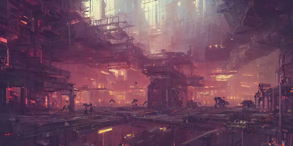 Image similar to concept art of a cyberpunk factory filled with drone workers, grimy, gritty, blade runner 2 0 4 9, trending on artstation, award winning painting, cgi, art by john berkey and anton fadeev and john howe and simon stalenhag