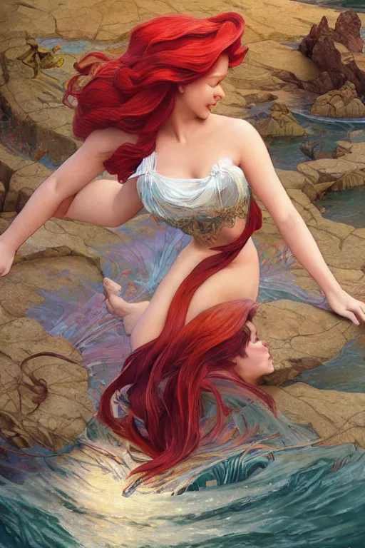 Image similar to Ariel in The Little Mermaid, highly detailed, digital painting, artstation, concept art, smooth, sharp focus, illustration, ArtStation, art by artgerm and greg rutkowski and alphonse mucha and J. C. Leyendecker and Edmund Blair Leighton and Katsuhiro Otomo and Geof Darrow and Phil hale and Ashley wood and Ilya repin and Charlie Bowater