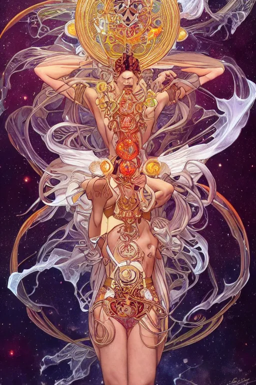 Prompt: chakras, by artgerm and yoshitaka amano and moebius and alphonse mucha, hyperdetailed, dc comics, ornate, nebula, explosions in the sky, trending on artstation