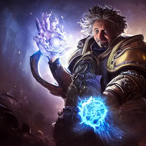 Image similar to portrait of albert einstein as a spellcaster, league of legends amazing splashscreen artwork, gears of war, splash art, natural light, elegant, photorealistic facial features, intricate, fantasy, detailed face, atmospheric lighting, anamorphic lens flare, cinematic lighting, league of legends splash art, hd wallpaper, ultra high details by greg rutkowski