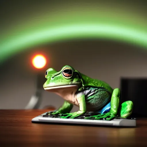 Image similar to frog sitting behind a computer doing a livestream the room is lit by disco lights, photorealistic