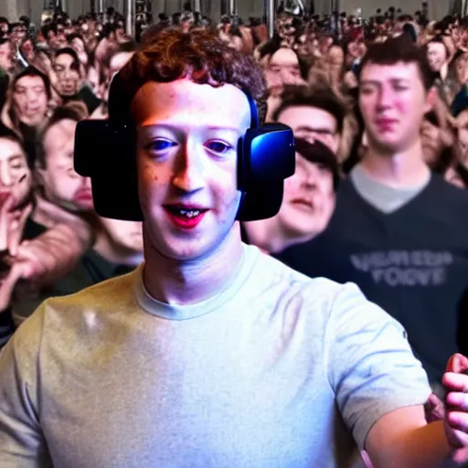 Image similar to cyborg mark zuckerberg controlling a crowd of people with vr headsets