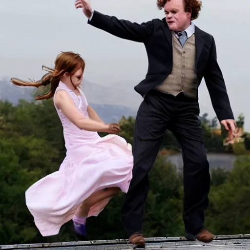 Prompt: a photograph of john c reilly throwing emma watson off of a bridge into a river