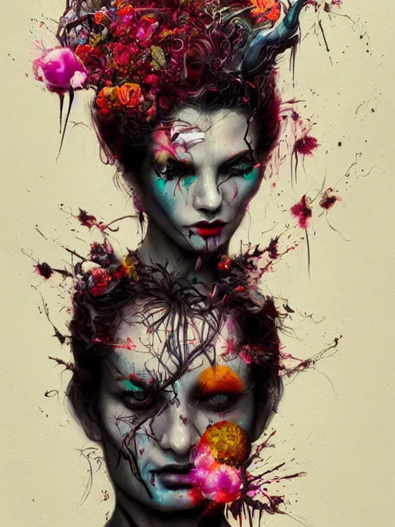 Prompt: art portrait of vampire with flower exploding out of head,by tristan eaton,Stanley Artgermm,Tom Bagshaw,Greg Rutkowski,Carne Griffiths,trending on DeviantArt,face enhance,chillwave,minimalist,cybernetic, android, blade runner,full of colour,